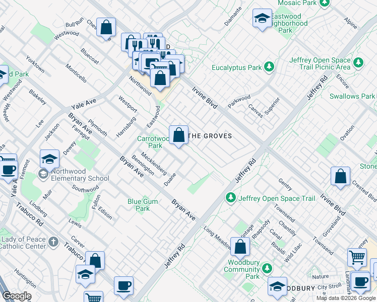 map of restaurants, bars, coffee shops, grocery stores, and more near 34 Cape Cod in Irvine