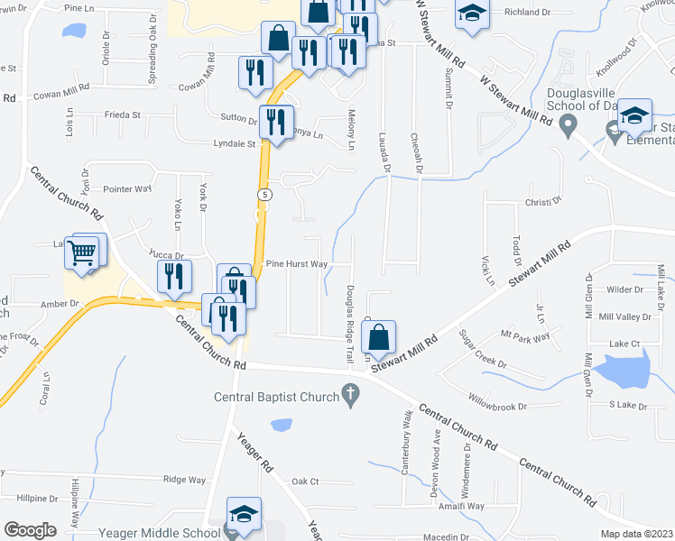 map of restaurants, bars, coffee shops, grocery stores, and more near 5845 Pine Hurst Way in Douglasville