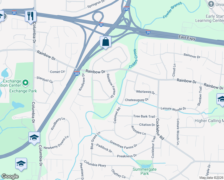 map of restaurants, bars, coffee shops, grocery stores, and more near 2753 Rainbow Forest Drive in Decatur