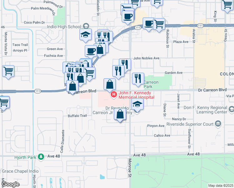 map of restaurants, bars, coffee shops, grocery stores, and more near 81893 Doctor Carreon Boulevard in Indio