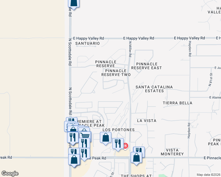 map of restaurants, bars, coffee shops, grocery stores, and more near 7428 East Alameda Road in Scottsdale