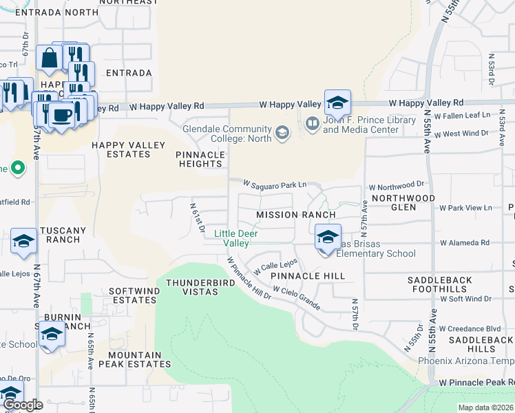 map of restaurants, bars, coffee shops, grocery stores, and more near 6002 West Park View Lane in Glendale