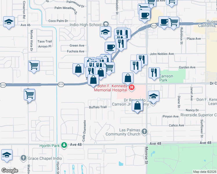 map of restaurants, bars, coffee shops, grocery stores, and more near 81709 Doctor Carreon Boulevard in Indio