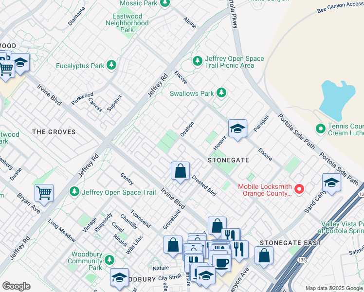 map of restaurants, bars, coffee shops, grocery stores, and more near 241 Overbrook in Irvine