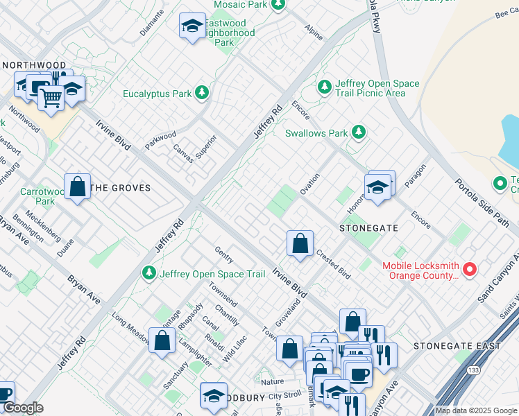 map of restaurants, bars, coffee shops, grocery stores, and more near 112 Gemstone in Irvine
