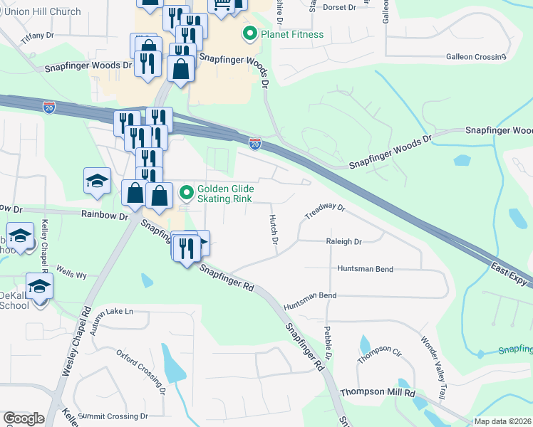map of restaurants, bars, coffee shops, grocery stores, and more near 2711 Hutch Drive in Decatur