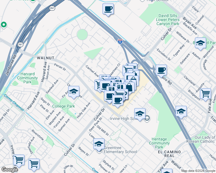 map of restaurants, bars, coffee shops, grocery stores, and more near 3912 Capri Avenue in Irvine