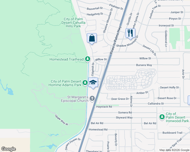 map of restaurants, bars, coffee shops, grocery stores, and more near 72667 Raven Road in Palm Desert