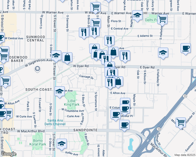 map of restaurants, bars, coffee shops, grocery stores, and more near 110E Knave Place in Santa Ana