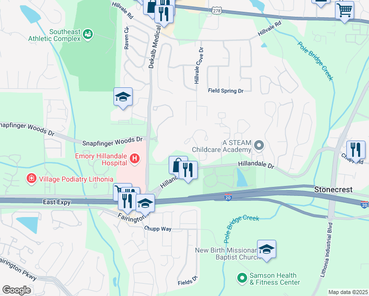 map of restaurants, bars, coffee shops, grocery stores, and more near 6086 Hillandale Drive in Lithonia