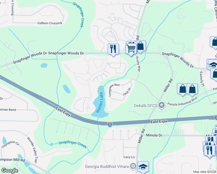 map of restaurants, bars, coffee shops, grocery stores, and more near 4877 Longview Run in Decatur