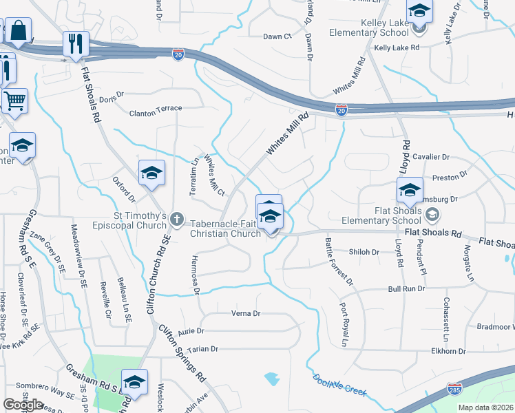 map of restaurants, bars, coffee shops, grocery stores, and more near 2958 Flat Shoals Road in Decatur