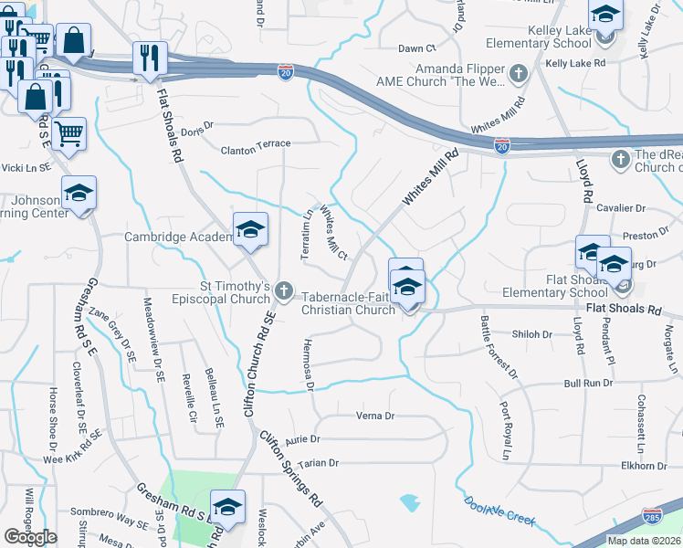 map of restaurants, bars, coffee shops, grocery stores, and more near 2888 Flat Shoals Road in Decatur