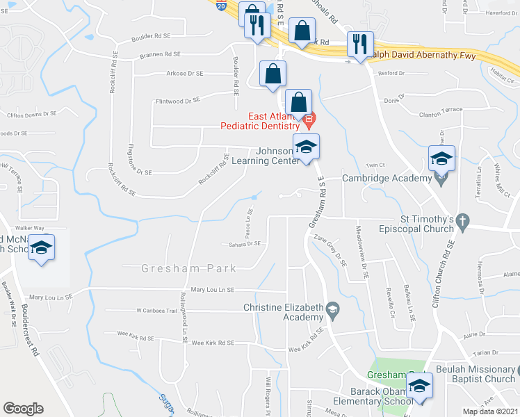 map of restaurants, bars, coffee shops, grocery stores, and more near 2740 Pasco Lane Southeast in Atlanta
