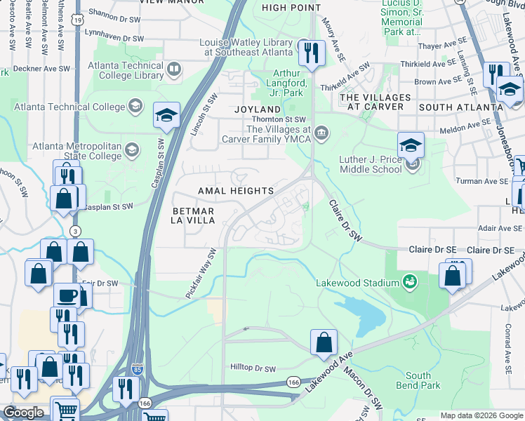 map of restaurants, bars, coffee shops, grocery stores, and more near 3001 Amal Drive Southwest in Atlanta