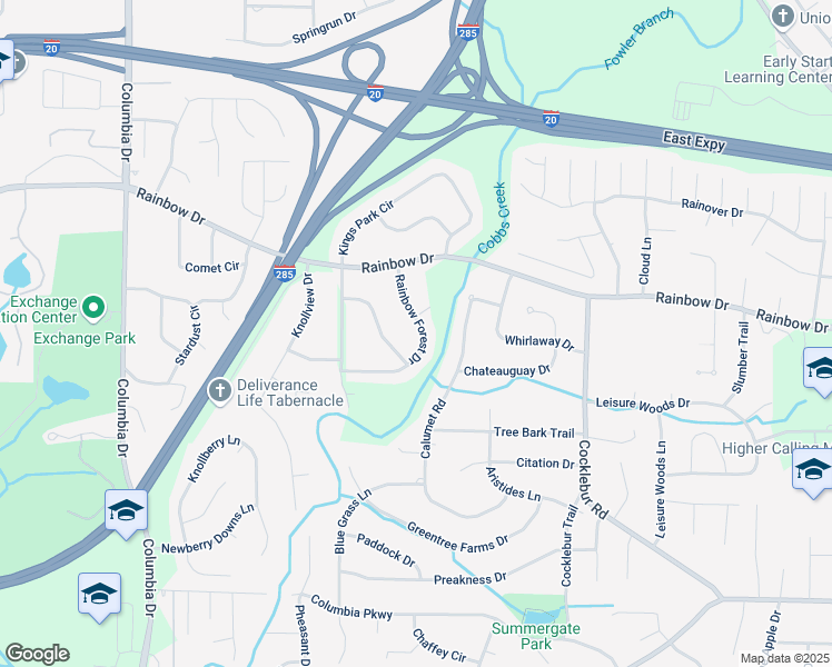map of restaurants, bars, coffee shops, grocery stores, and more near 2725 Rainbow Forest Drive in Decatur