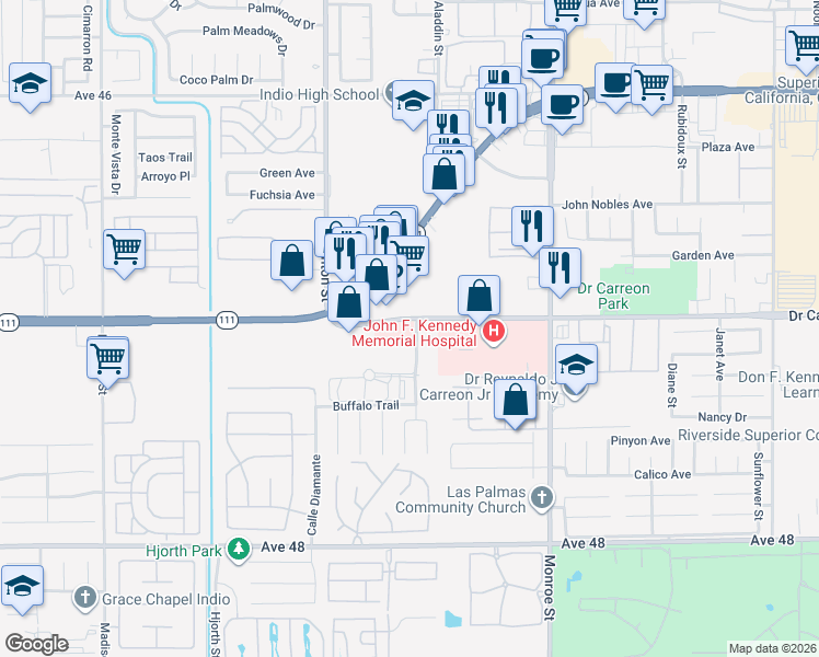 map of restaurants, bars, coffee shops, grocery stores, and more near 81709 Doctor Carreon Boulevard in Indio