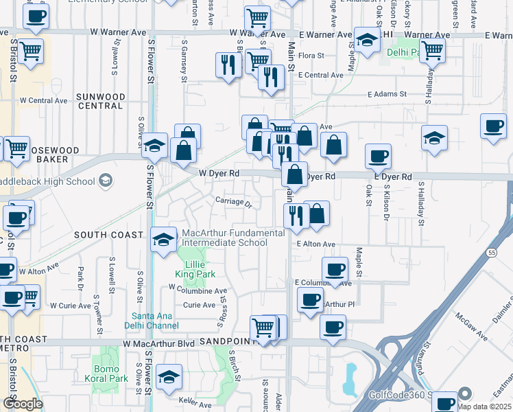 map of restaurants, bars, coffee shops, grocery stores, and more near 3020 South Sycamore Street in Santa Ana