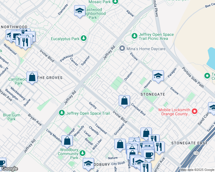 map of restaurants, bars, coffee shops, grocery stores, and more near 112 Gemstone in Irvine