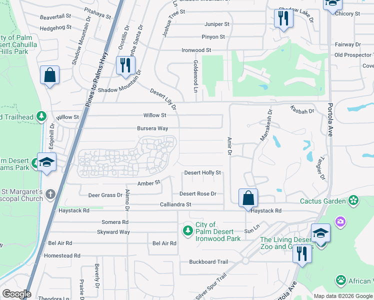 map of restaurants, bars, coffee shops, grocery stores, and more near 73286 Goldflower Street in Palm Desert