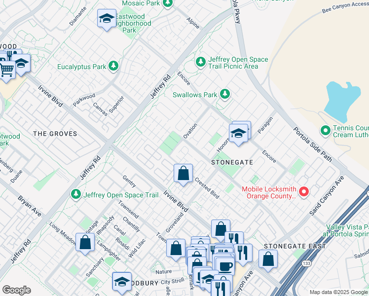 map of restaurants, bars, coffee shops, grocery stores, and more near 241 Overbrook in Irvine