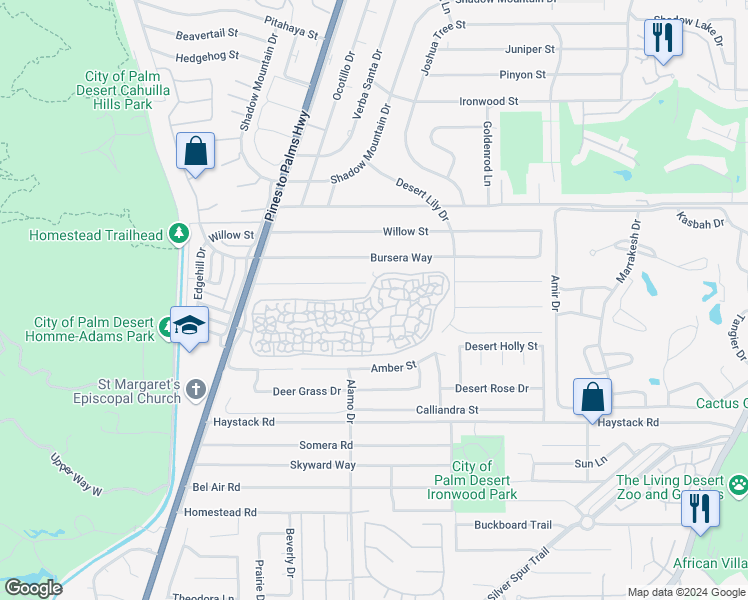 map of restaurants, bars, coffee shops, grocery stores, and more near 73107 Alice Marble Lane in Palm Desert