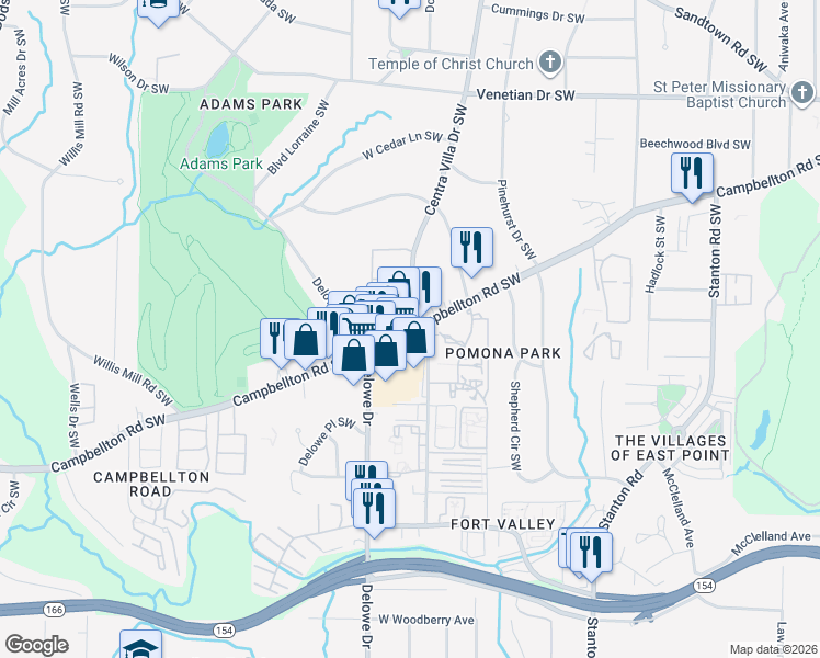 map of restaurants, bars, coffee shops, grocery stores, and more near Campbellton Rd SW & Centra Villa Dr SW in Atlanta