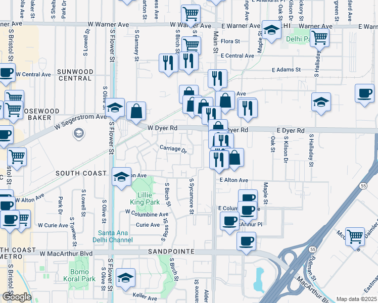 map of restaurants, bars, coffee shops, grocery stores, and more near 3020 South Sycamore Street in Santa Ana