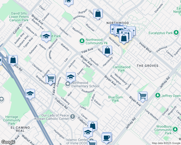 map of restaurants, bars, coffee shops, grocery stores, and more near 55 Columbus in Irvine