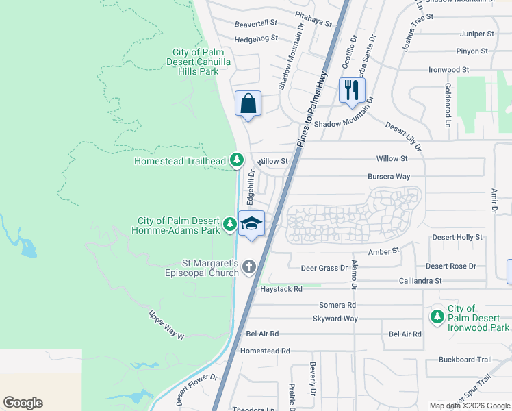 map of restaurants, bars, coffee shops, grocery stores, and more near 72644 Raven Road in Palm Desert