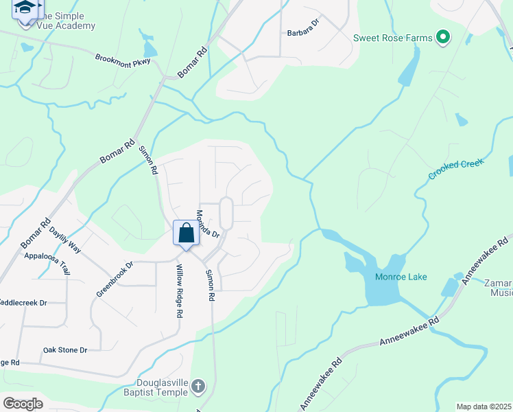 map of restaurants, bars, coffee shops, grocery stores, and more near 3859 Hadley Road in Douglasville