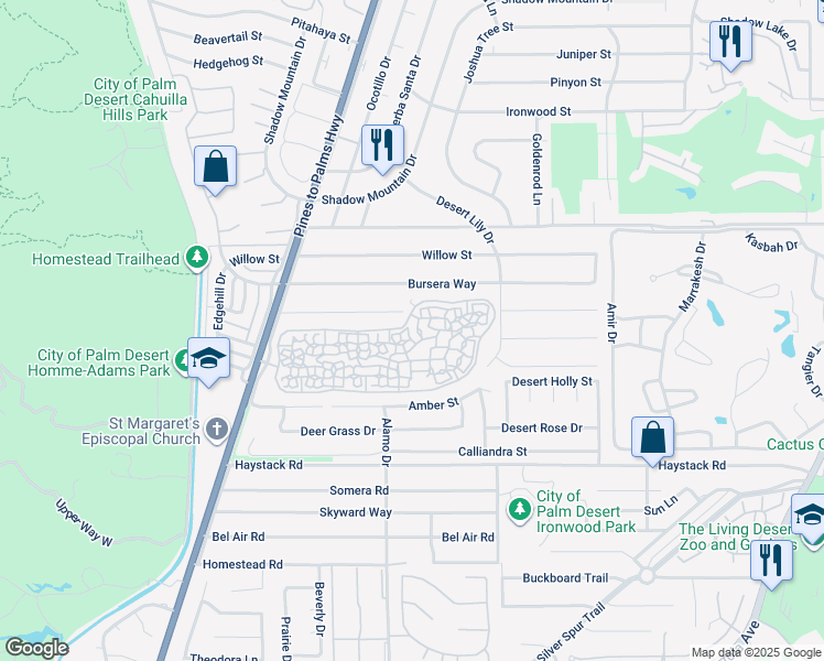 map of restaurants, bars, coffee shops, grocery stores, and more near 73107 Alice Marble Lane in Palm Desert