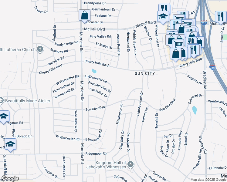 map of restaurants, bars, coffee shops, grocery stores, and more near 28484 East Worcester Road in Menifee