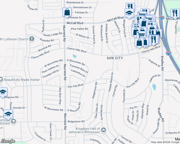 map of restaurants, bars, coffee shops, grocery stores, and more near 26680 Ridgemoor Road in Menifee