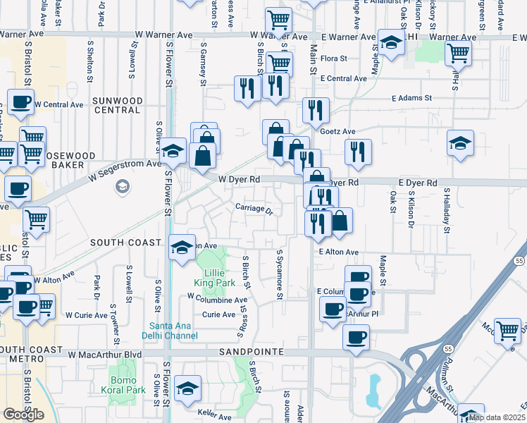 map of restaurants, bars, coffee shops, grocery stores, and more near 321 West Alton Avenue in Santa Ana