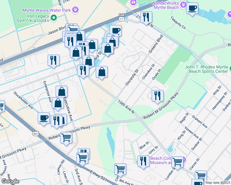 map of restaurants, bars, coffee shops, grocery stores, and more near 1852 Mr. Joe White Avenue in Myrtle Beach