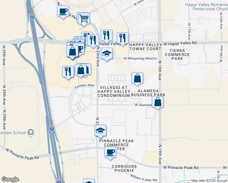 map of restaurants, bars, coffee shops, grocery stores, and more near Unnamed Road in Phoenix