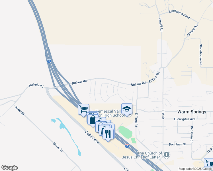 map of restaurants, bars, coffee shops, grocery stores, and more near 19307 Bigfork Road in Lake Elsinore
