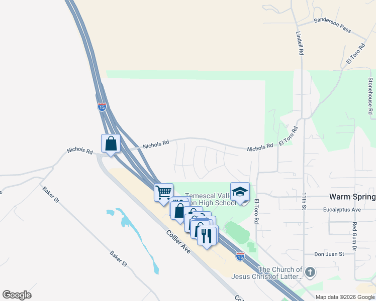 map of restaurants, bars, coffee shops, grocery stores, and more near 19516 Hanging Rock Road in Lake Elsinore