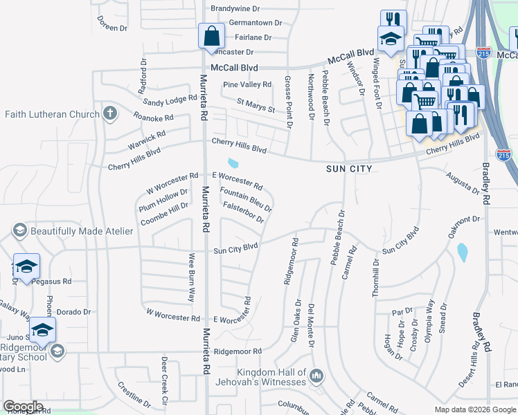 map of restaurants, bars, coffee shops, grocery stores, and more near 26201 Fountain Bleu Drive in Menifee