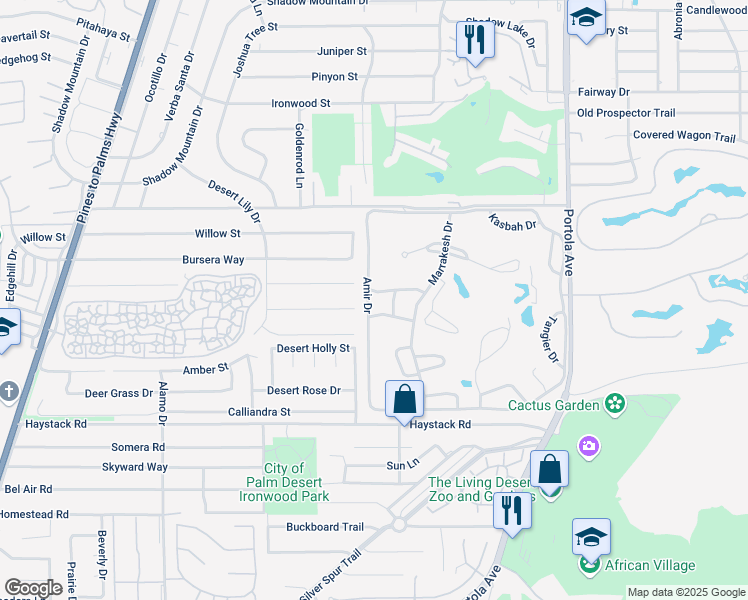 map of restaurants, bars, coffee shops, grocery stores, and more near 73541 Minzah Way in Palm Desert