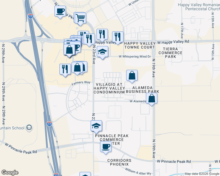 map of restaurants, bars, coffee shops, grocery stores, and more near Unnamed Road in Phoenix