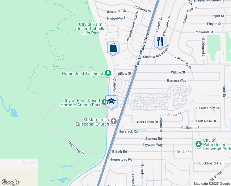 map of restaurants, bars, coffee shops, grocery stores, and more near 72667 Raven Road in Palm Desert