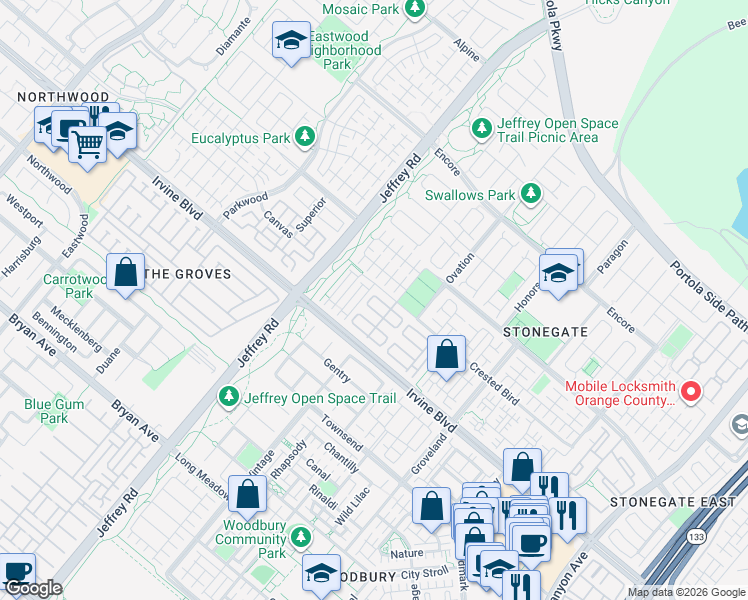 map of restaurants, bars, coffee shops, grocery stores, and more near 116 Oasis in Irvine