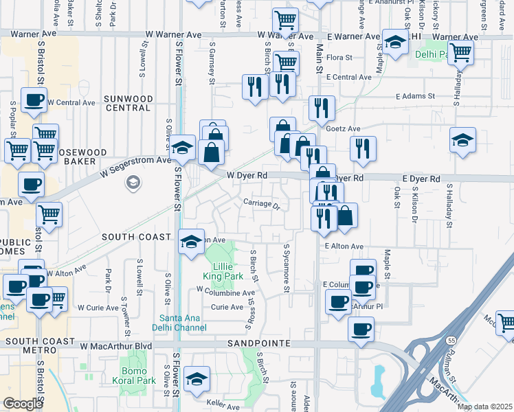 map of restaurants, bars, coffee shops, grocery stores, and more near 321 West Alton Avenue in Santa Ana