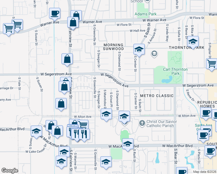 map of restaurants, bars, coffee shops, grocery stores, and more near 3019 South Griset Place in Santa Ana