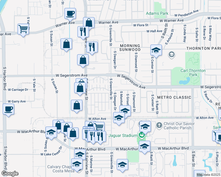map of restaurants, bars, coffee shops, grocery stores, and more near 3101 South Fairview Street in Santa Ana