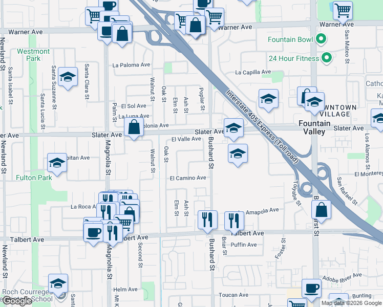 map of restaurants, bars, coffee shops, grocery stores, and more near 9422 El Pueblo Avenue in Fountain Valley