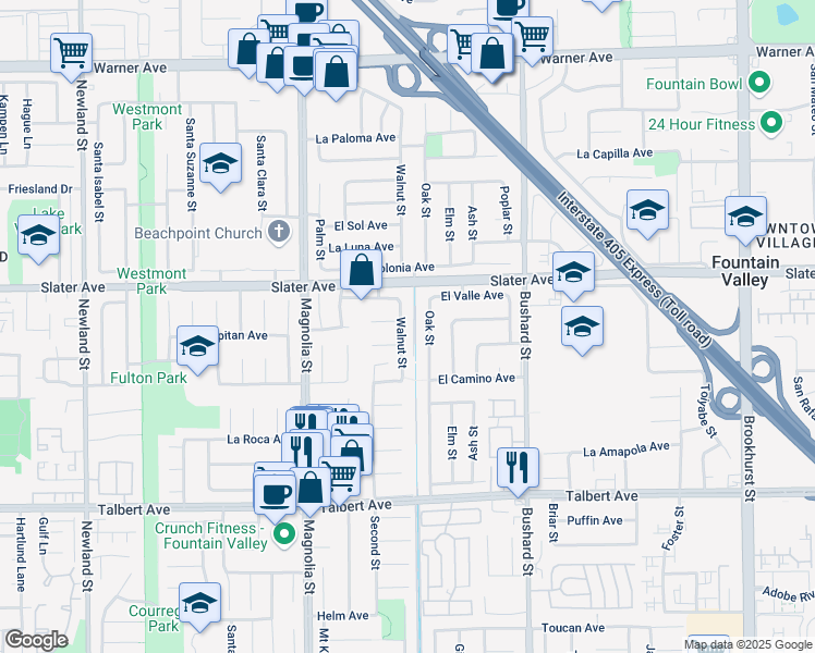 map of restaurants, bars, coffee shops, grocery stores, and more near 17648 Walnut Street in Fountain Valley