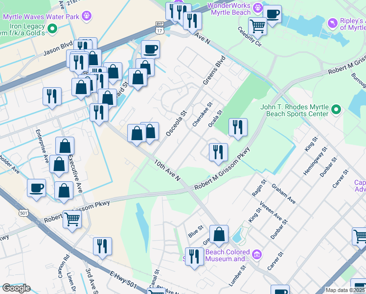 map of restaurants, bars, coffee shops, grocery stores, and more near 1015 Ocala Street in Myrtle Beach